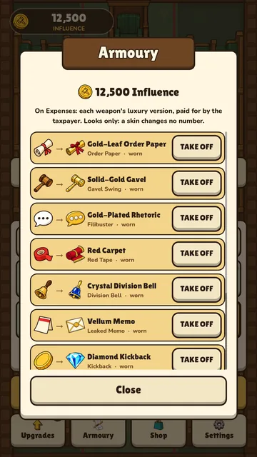 The armoury listing each weapon beside its gold skin.