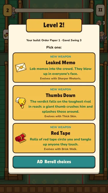 The level-up screen offering three new weapons, with an AD button to reroll the choices.