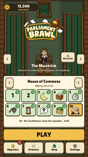 The main menu with the chamber card, its ten sittings and the fighter picker.
