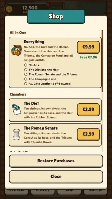 The shop, every product with its price on its own button.